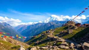 Manaslu circuit trekking landscape with Mount Manaslu, prayer flags, and lush hills.