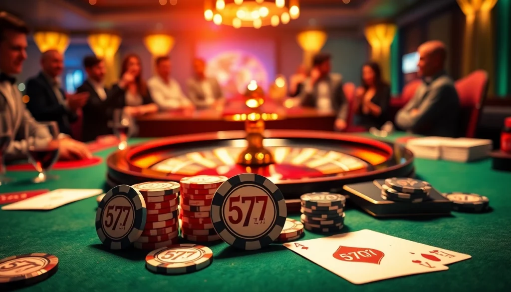 Exciting poker action featuring 5z777-themed chips and cards in a luxurious casino.