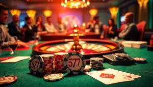 Exciting poker action featuring 5z777-themed chips and cards in a luxurious casino.