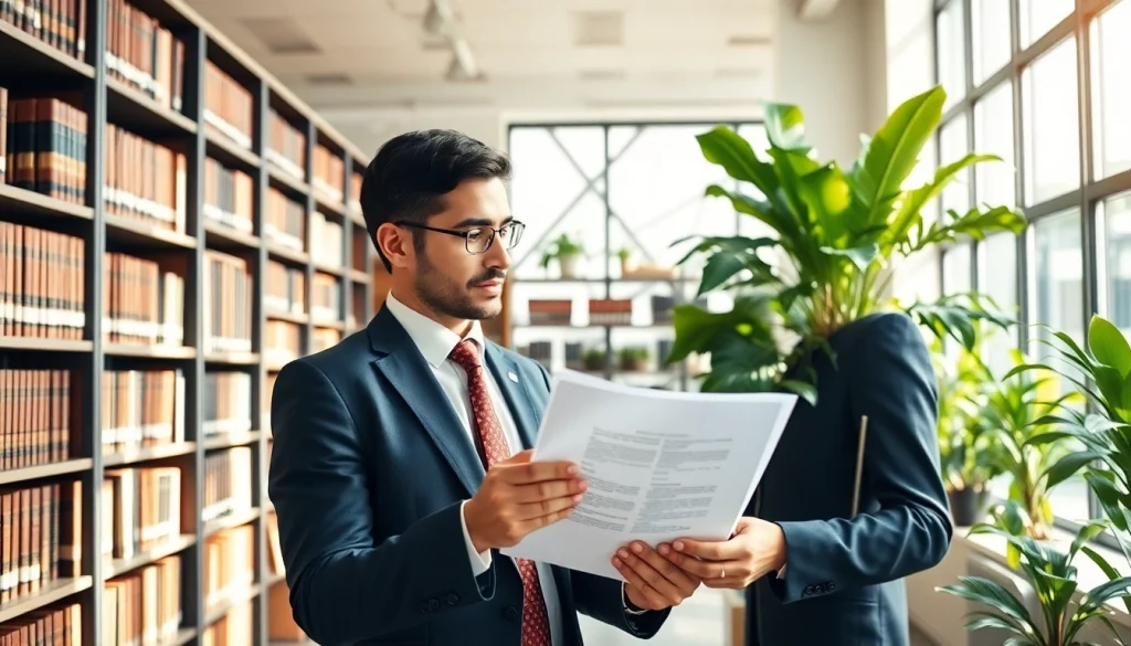 Environmental lawyer engaged in legal analysis amid greenery, showcasing dedication to sustainability.