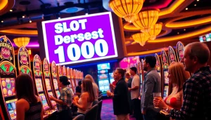 Para penjudi yang bersemangat merayakan kemenangan mesin slot di area kasino Slot Deposit 1000 yang penuh warna.