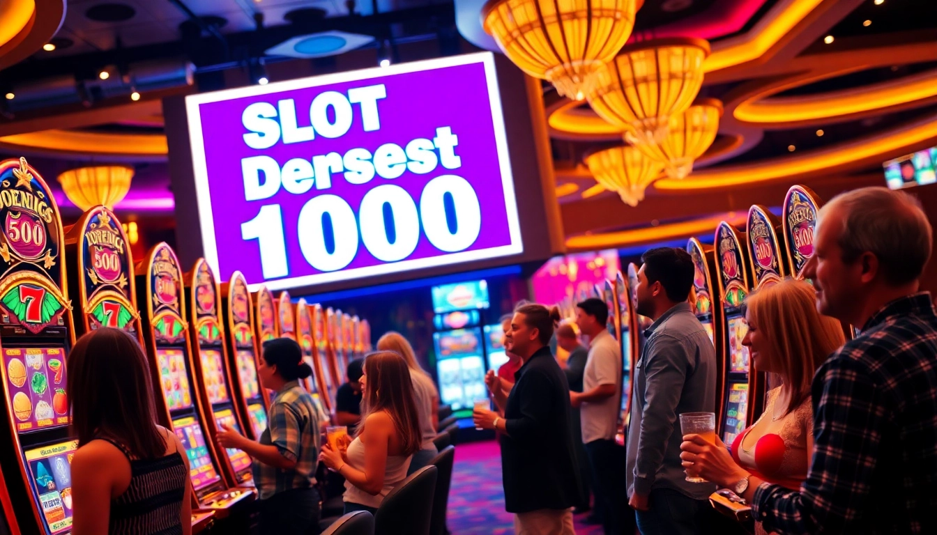 Para penjudi yang bersemangat merayakan kemenangan mesin slot di area kasino Slot Deposit 1000 yang penuh warna.