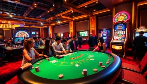 Players enjoying a thrilling game at a k9k9 blackjack table surrounded by colorful chips and cards.