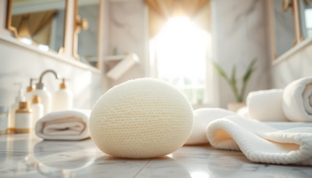 Clean makeup remover loofah displayed in a serene bathroom setting with beauty products.