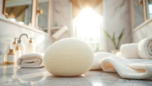 Clean makeup remover loofah displayed in a serene bathroom setting with beauty products.
