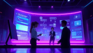 Immersive scene of nsfw ai technology featuring characters in interactive digital chat, illuminated by ambient light.