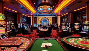 Experience thrills at Nhà cái S8, showcasing a vibrant casino scene with players at tables and slot machines.