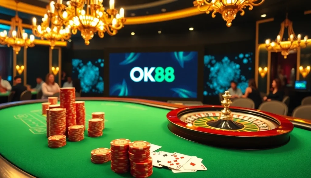Experience an exciting game at OK88 casino with vibrant chips and a dynamic roulette wheel.