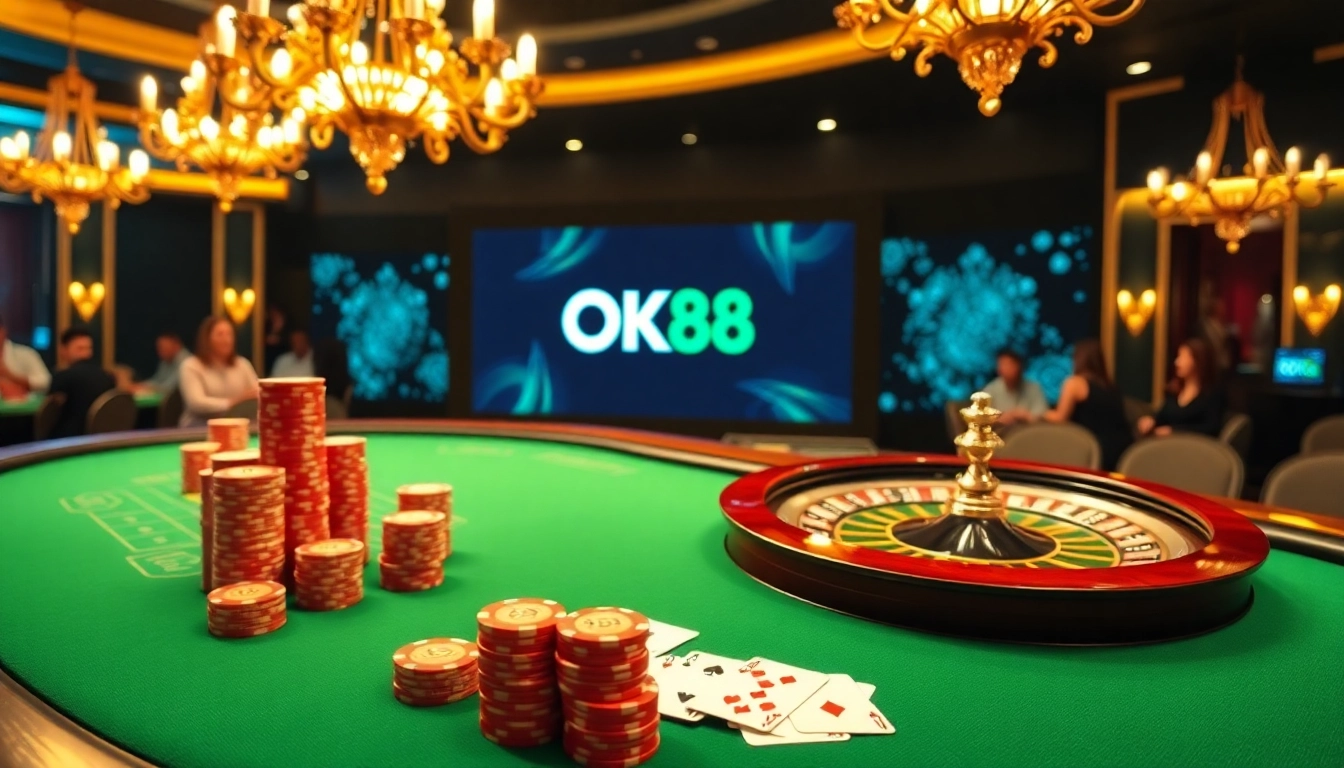 Experience an exciting game at OK88 casino with vibrant chips and a dynamic roulette wheel.