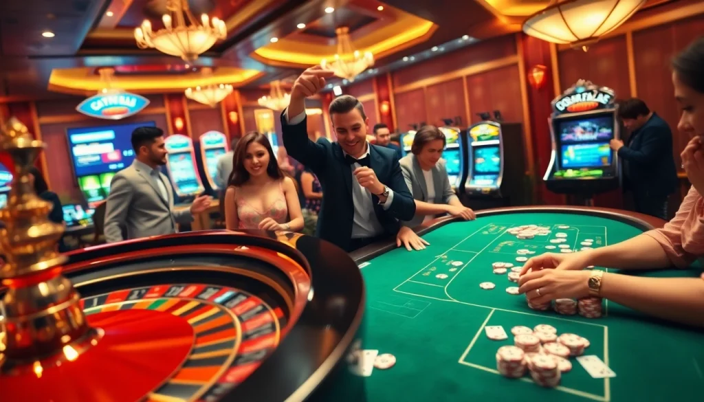 Players enjoying exciting casino games with link fly88 poker chips and vibrant roulette wheels.