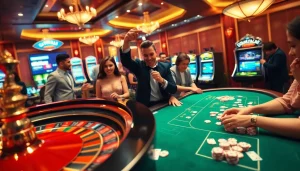 Players enjoying exciting casino games with link fly88 poker chips and vibrant roulette wheels.