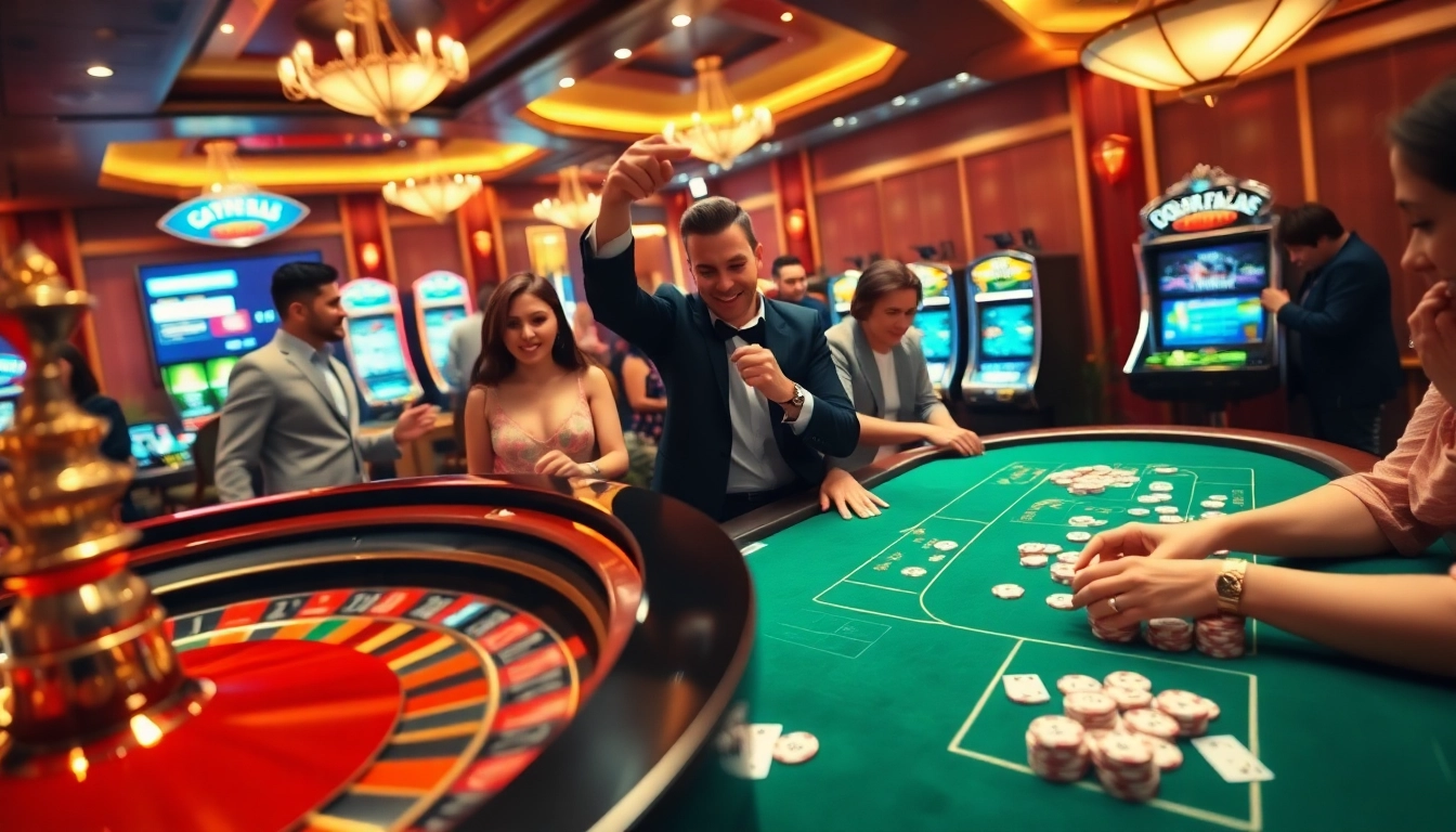 Players enjoying exciting casino games with link fly88 poker chips and vibrant roulette wheels.