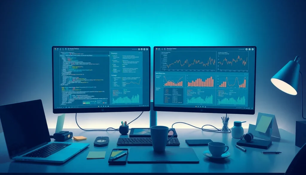 Web scrapping code on dual monitors in a modern tech workspace.