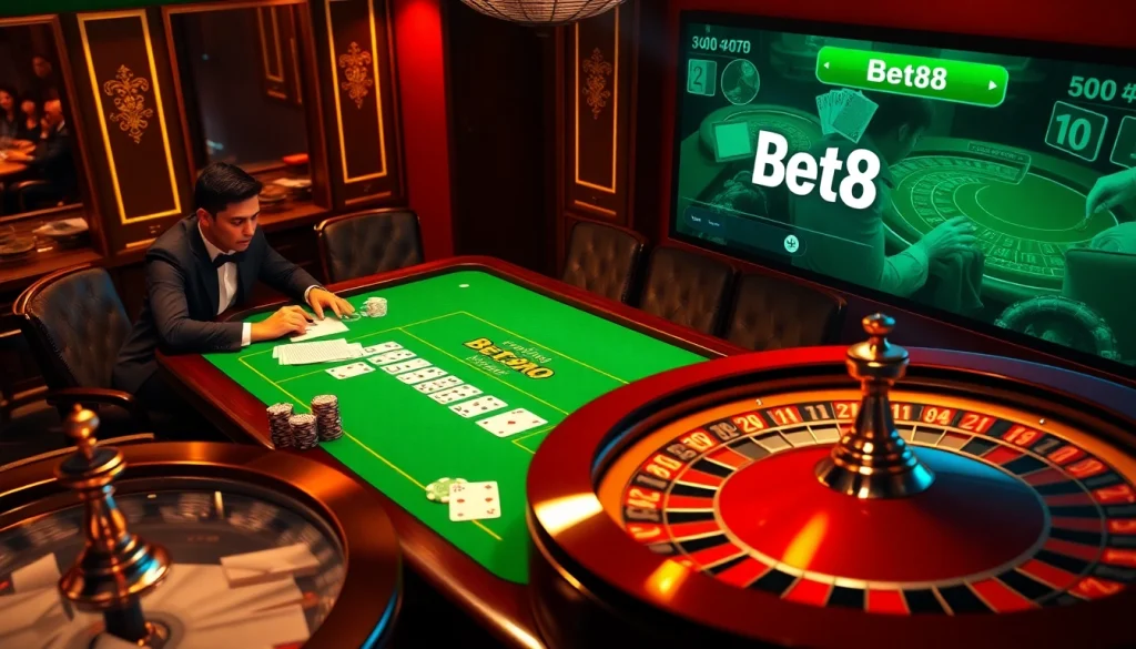 Exciting gaming scene showcasing Bet88 đăng nhập with elegant casino elements and vibrant atmosphere.