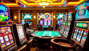 Excited players spinning slot machines in a luxurious casino setting.