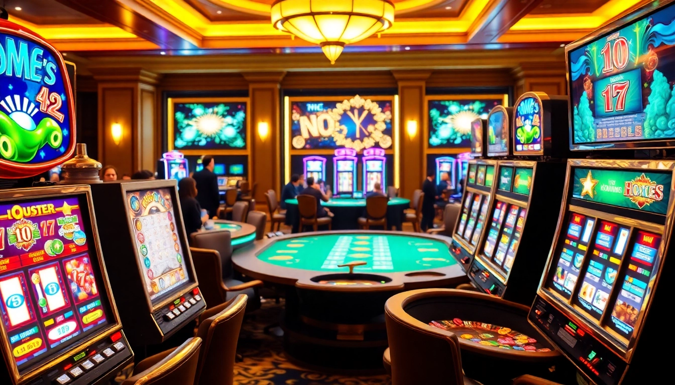 Excited players spinning slot machines in a luxurious casino setting.