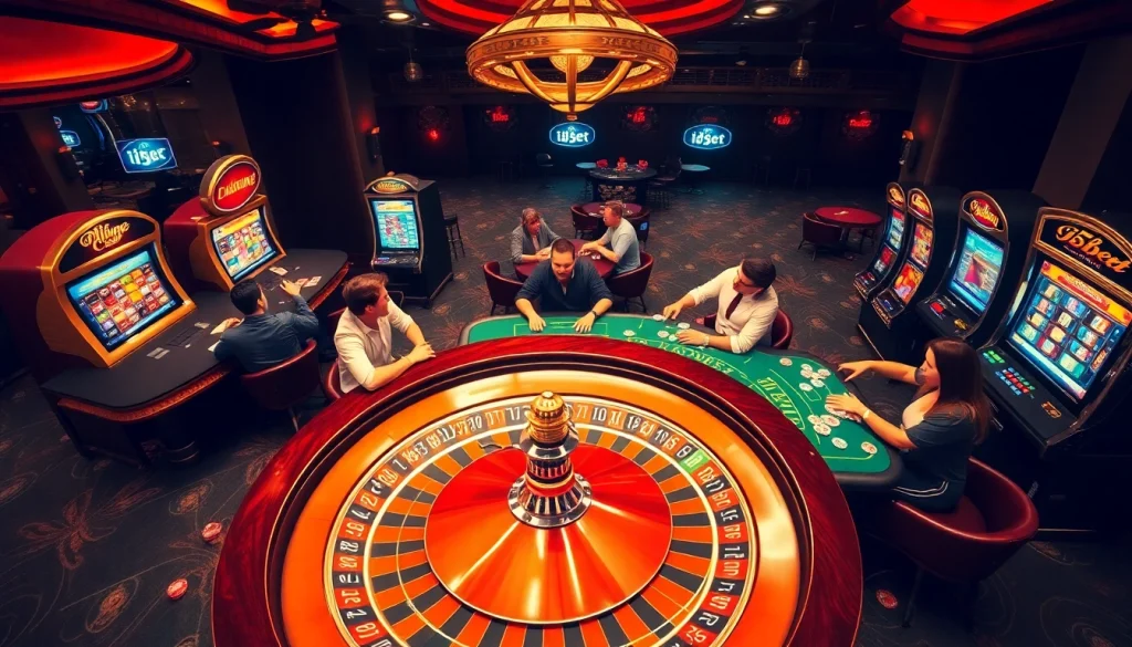 Exciting gaming scene at i5bet with players at the roulette table and colorful slot machines