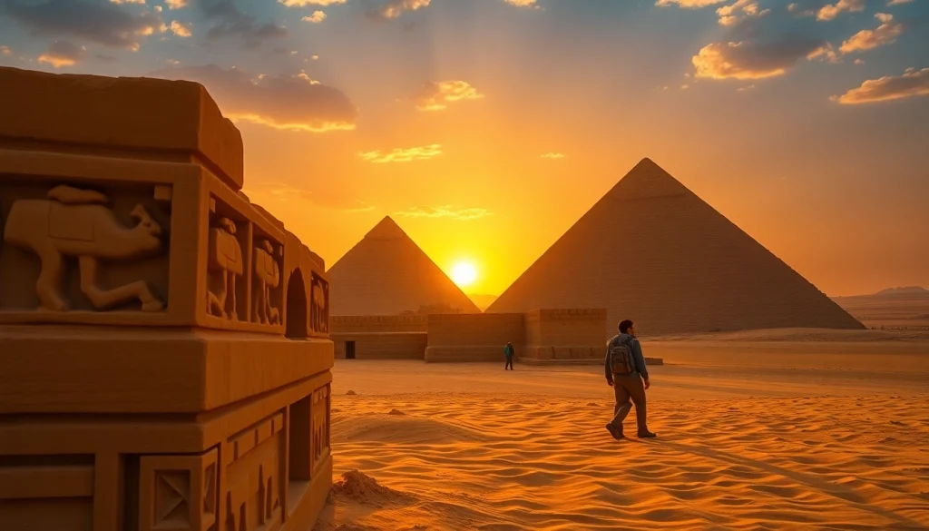 Experience the majestic piraminds as they rise against a stunning sunset over the desert landscape.