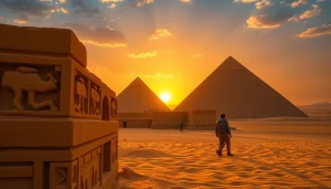 Experience the majestic piraminds as they rise against a stunning sunset over the desert landscape.