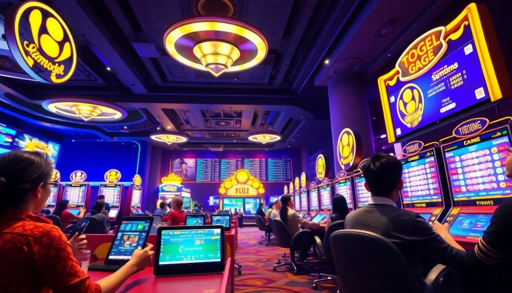 Lingkungan permainan online Togelsumo yang menampilkan pemain bersemangat dan layar permainan berwarna-warni.