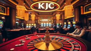 KJC casino scene with players at baccarat tables and vibrant slot machines, showcasing excitement and luxury.