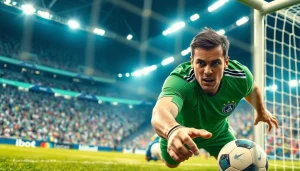 Soccer player making a dramatic save in an exciting game featuring บอลวันนี่.