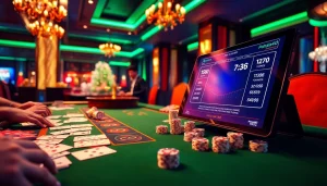 Pahala4d players engage in high-stakes gaming at a luxurious casino table, showcasing cards and chips.
