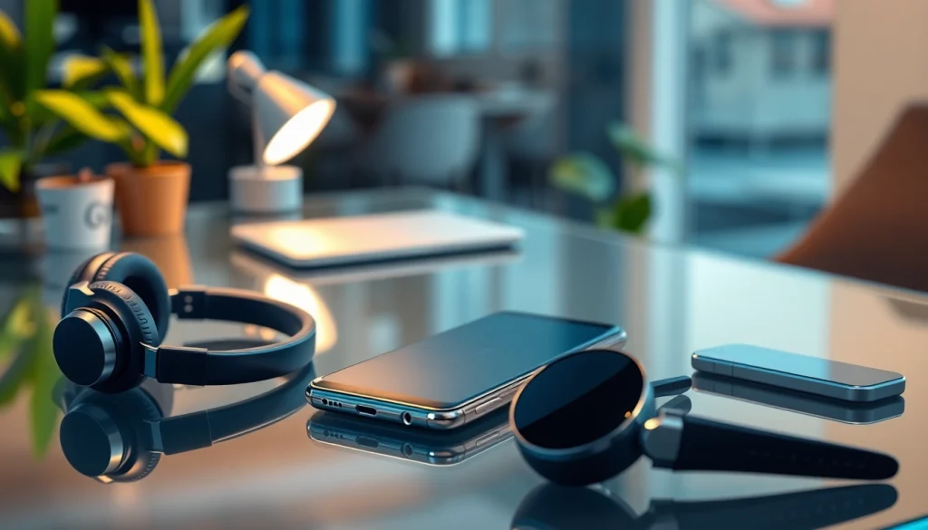 Samsung Galaxy S8 smartphone displayed on a glass table with modern tech gadgets.