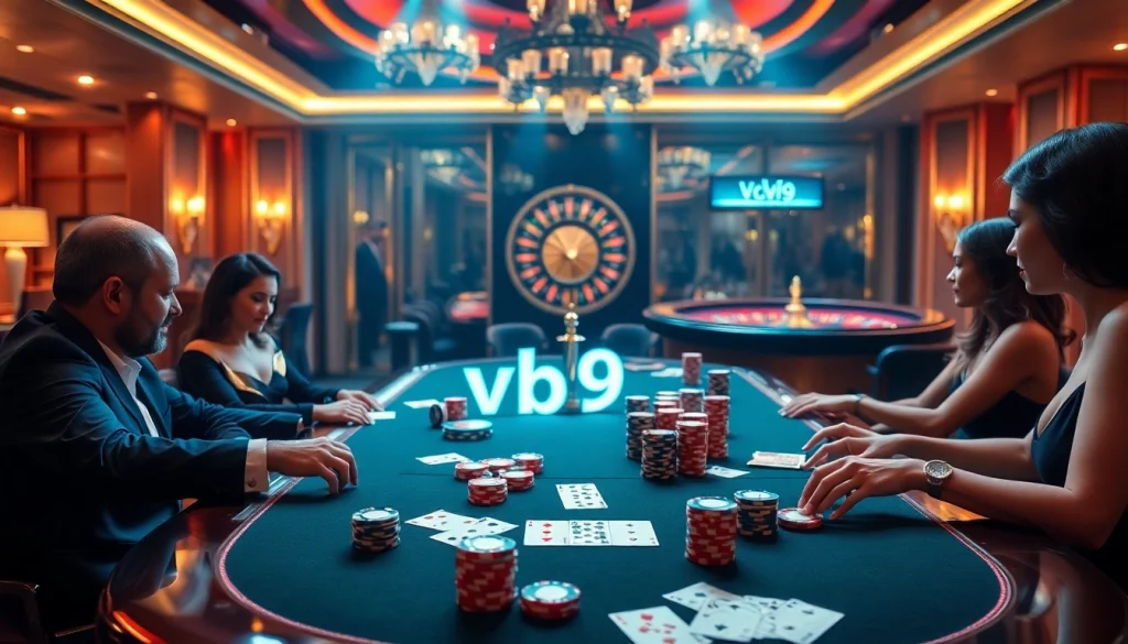 Experience the thrill of gambling with vb9 at an elegant poker table surrounded by chips and players.
