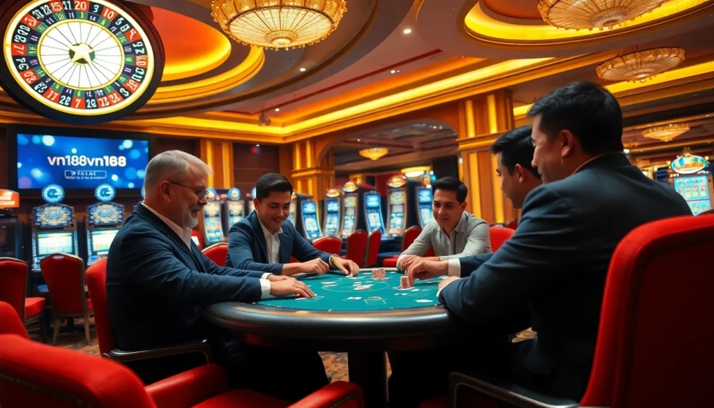 Experience the thrill of poker at a luxurious casino with vn168-themed betting tables and vibrant slots.