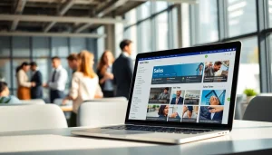 Job seekers find a job board for sales roles while collaborating in a modern office.