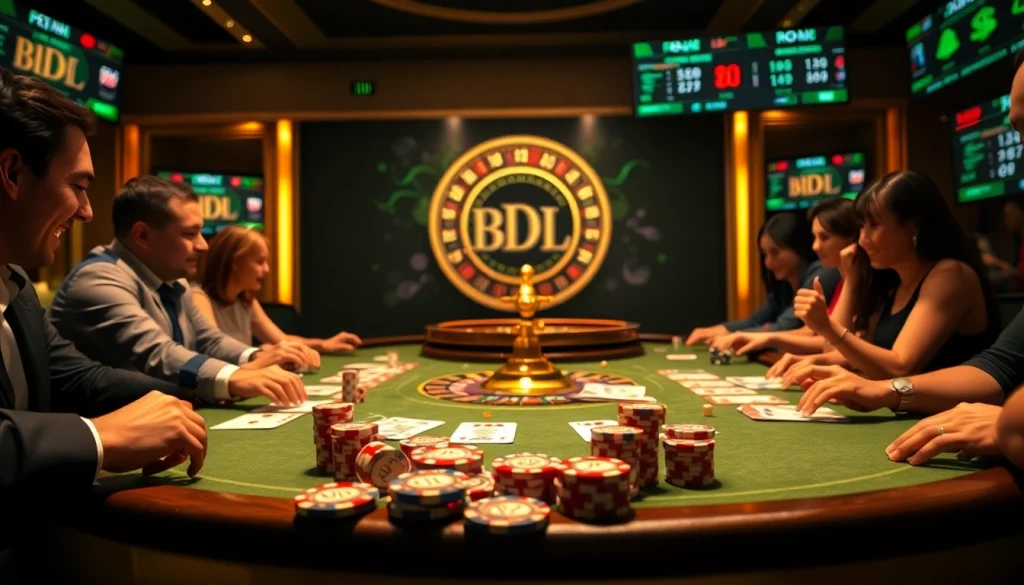 Engaged players at a stylish casino table with BDJL branded poker chips, showcasing an exciting gambling atmosphere.