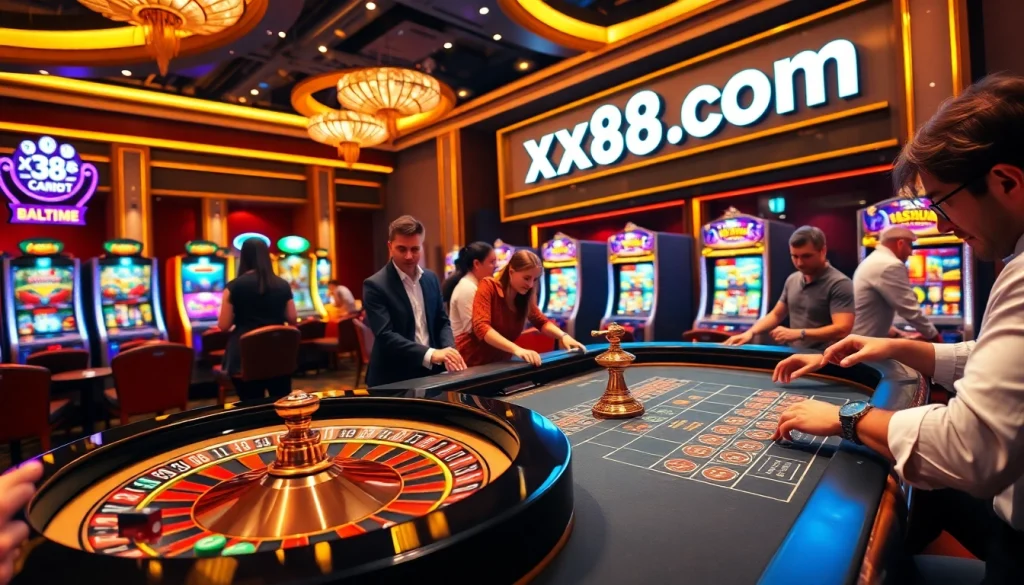 Experience the thrill of gambling at xx88 com with a lively roulette game and engaged players.