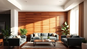 View of a stylish wood slat wall panel enhancing the modern living room's aesthetic.