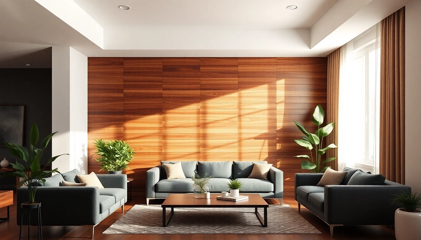 View of a stylish wood slat wall panel enhancing the modern living room's aesthetic.