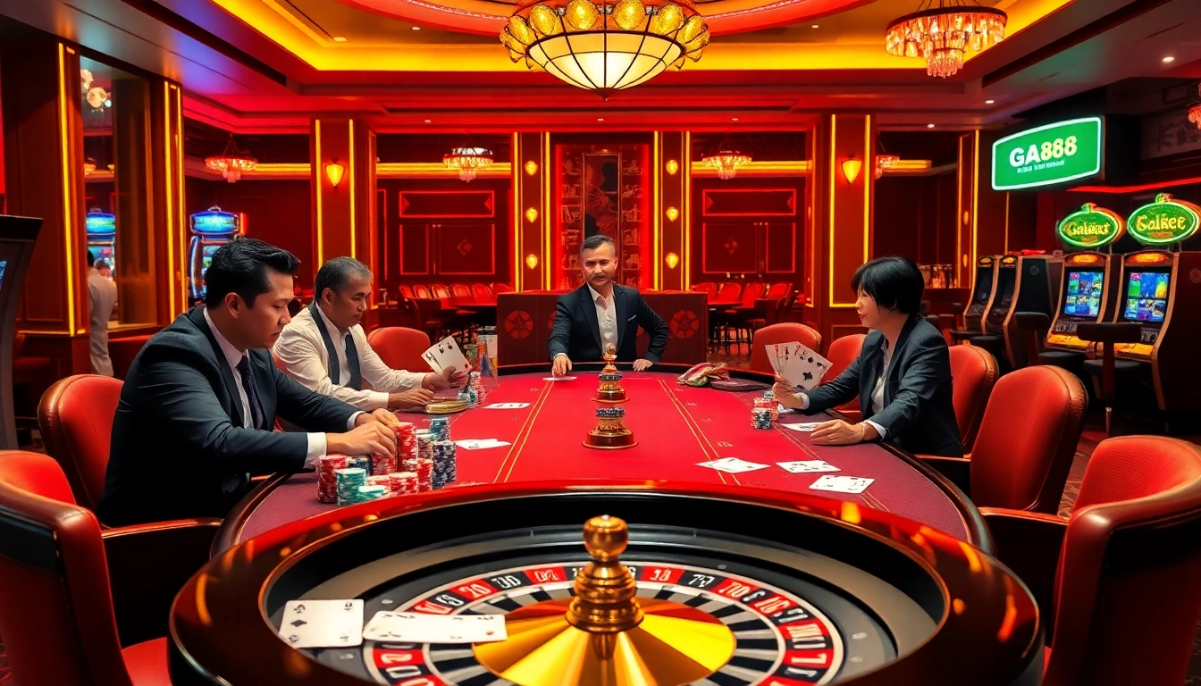 Players enjoy a high-stakes game at GA888, with poker chips and cards creating an exciting atmosphere.