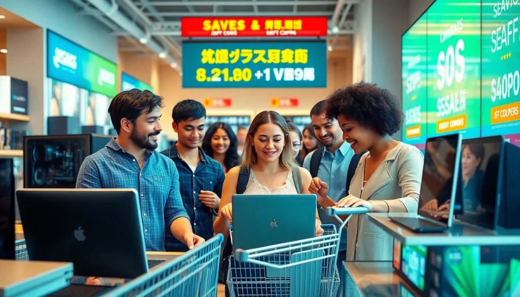 Exciting shopping scene showcasing ドスパラ クーポン offers with diverse shoppers exploring tech products.