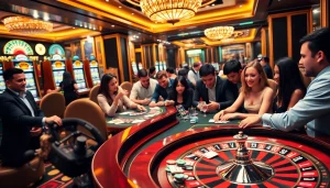 A dynamic casino scene featuring players enjoying poker and roulette at 7upbet, showcasing excitement and luxury.