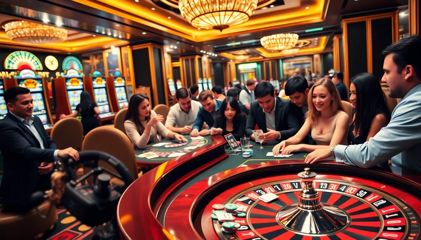 A dynamic casino scene featuring players enjoying poker and roulette at 7upbet, showcasing excitement and luxury.