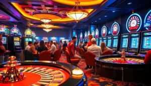 Engaging quay hũ gameplay in a vibrant casino room with slot machines and poker elements.