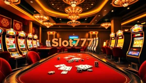 Experience the thrilling Slot777 login interface amidst a luxurious casino setting filled with vibrant slot machines and poker chips.