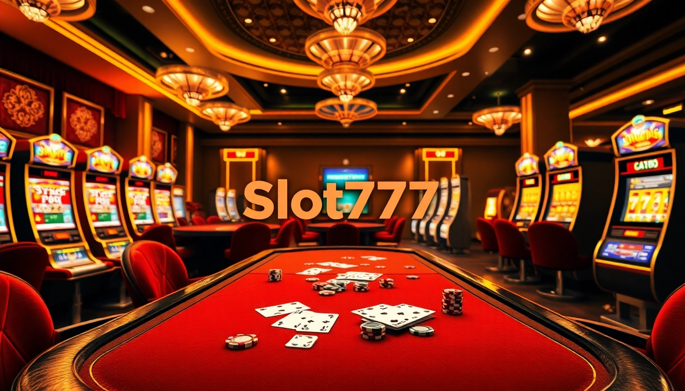 Experience the thrilling Slot777 login interface amidst a luxurious casino setting filled with vibrant slot machines and poker chips.