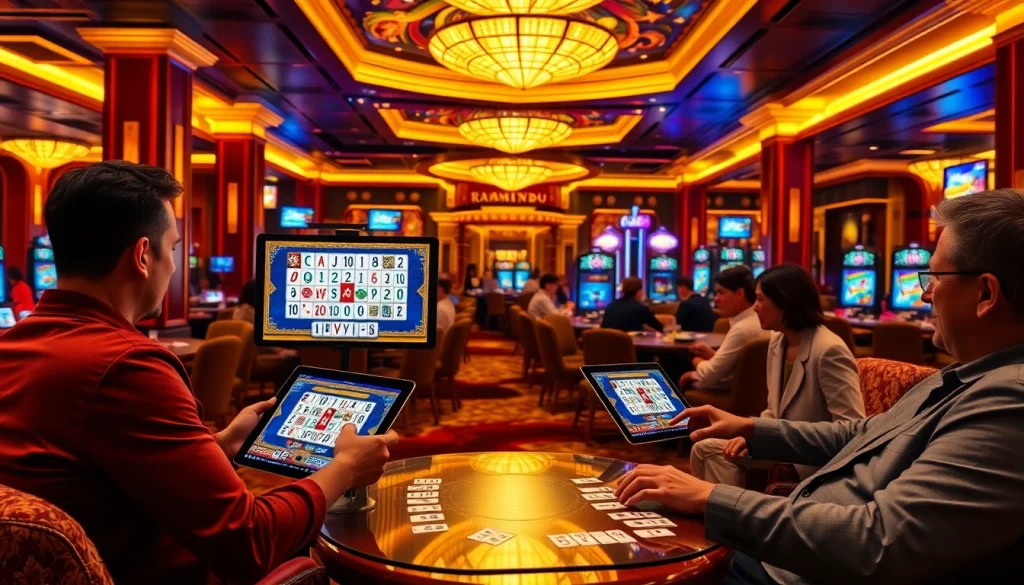 Engage in רמיקוב אונליין with exciting digital gameplay amidst a vibrant casino atmosphere.