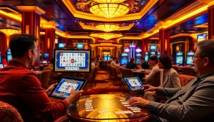 Engage in רמיקוב אונליין with exciting digital gameplay amidst a vibrant casino atmosphere.
