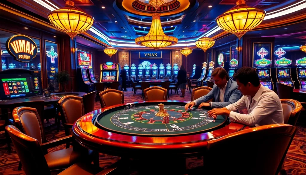 Experience high-stakes poker at VMAX's luxurious casino tables with vibrant atmosphere and thrilling gameplay.