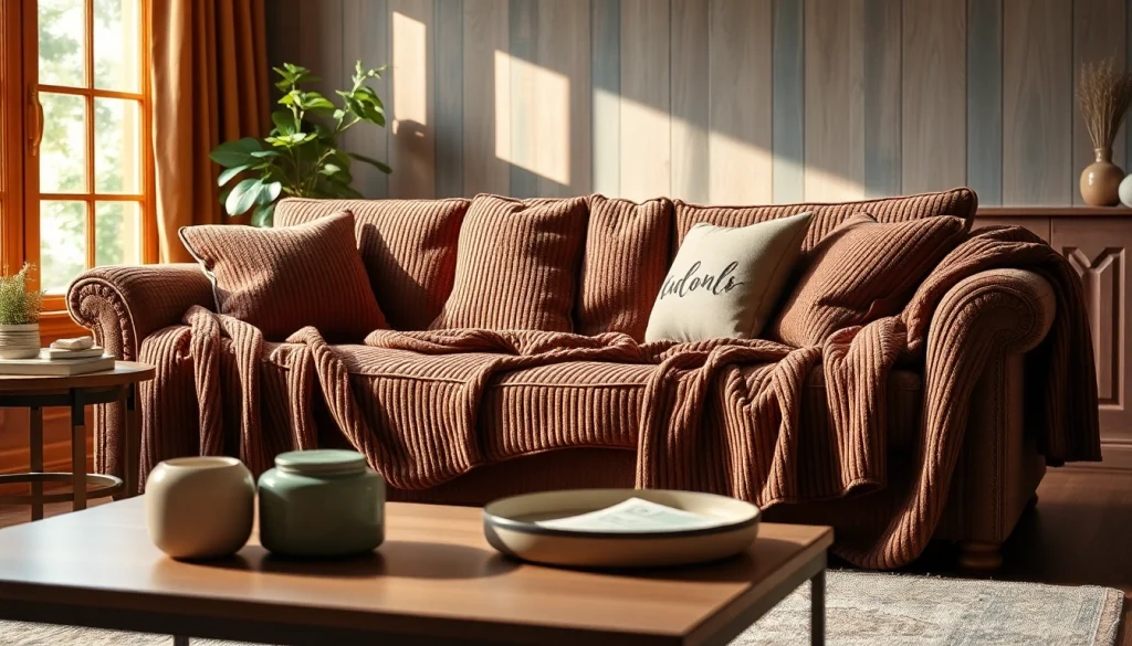 Ontdek ribcord stof in een gezellige woonkamer met een uitnodigende bank en stijlvolle accessoires.