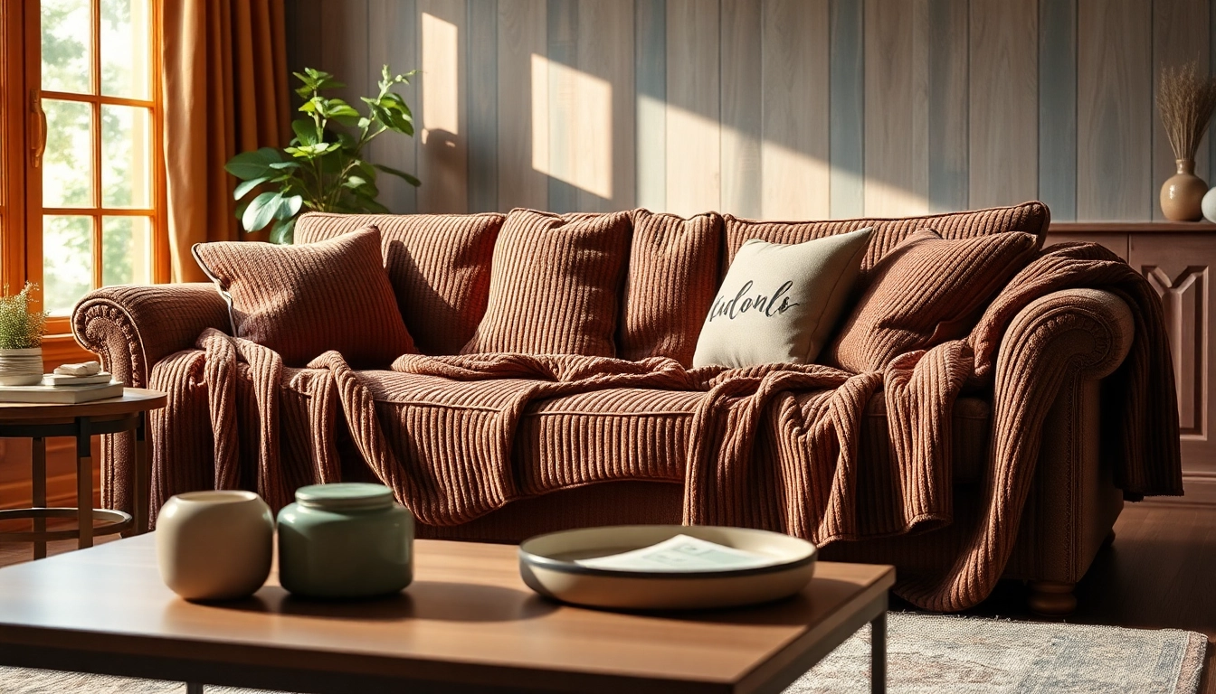 Ontdek ribcord stof in een gezellige woonkamer met een uitnodigende bank en stijlvolle accessoires.