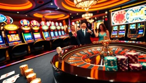 Players engage with GO99 at a lively casino table featuring roulette, cards, and poker chips.