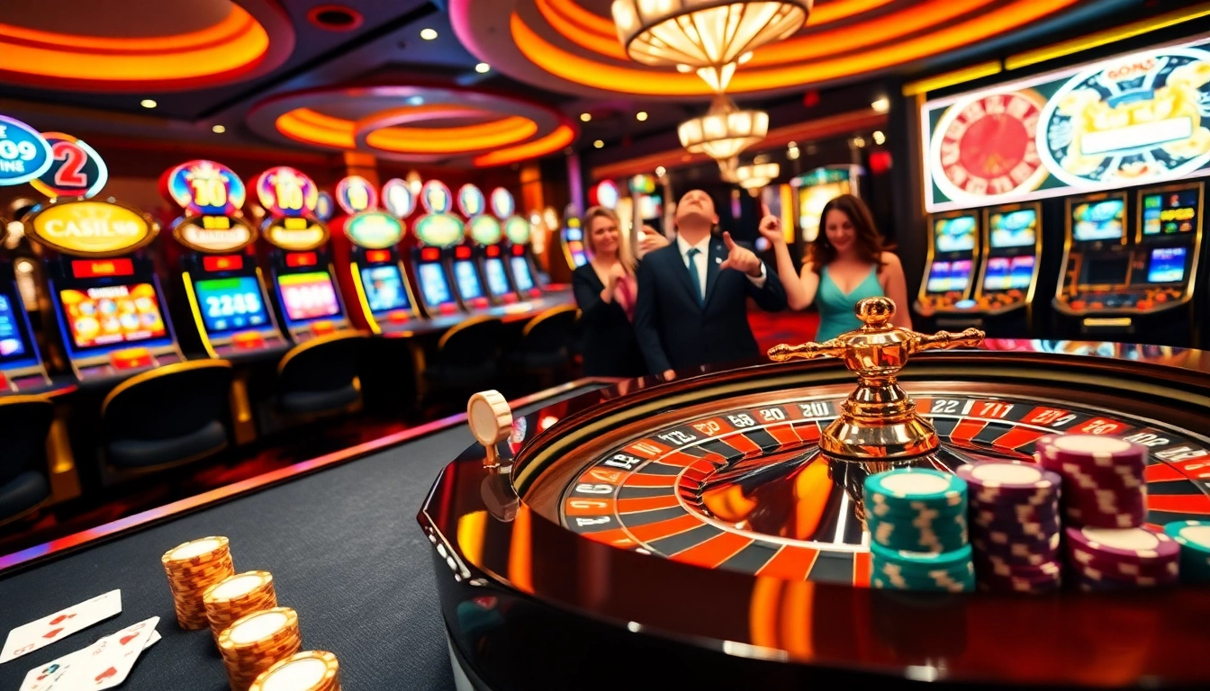 Players engage with GO99 at a lively casino table featuring roulette, cards, and poker chips.
