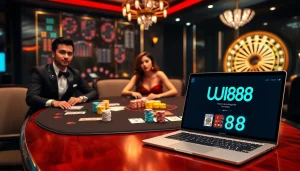 UU88 players engage in a thrilling poker game surrounded by vibrant casino elements.